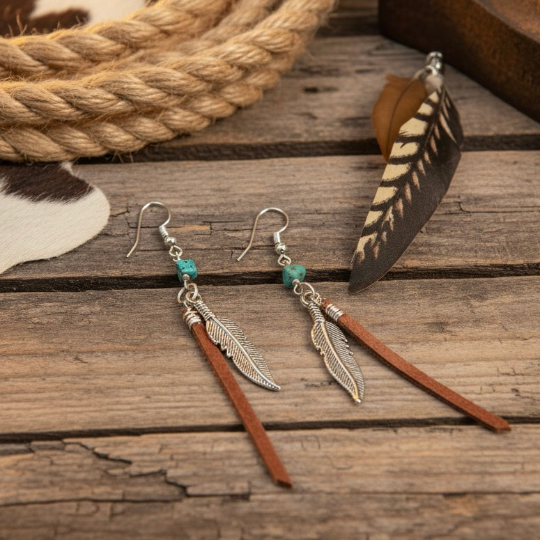 Long Leather Turquoise Earrings