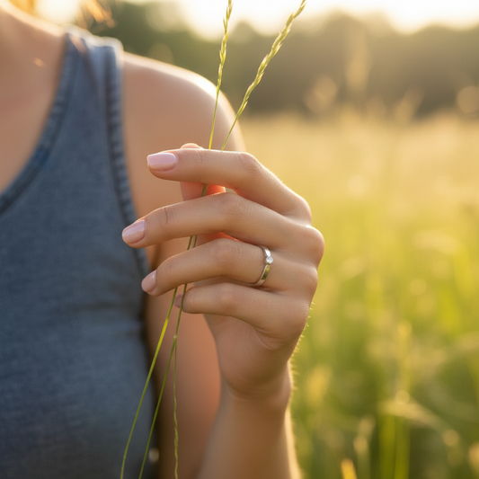 Hand with short Simple nails wearing a military wife ring on a sunny day. 