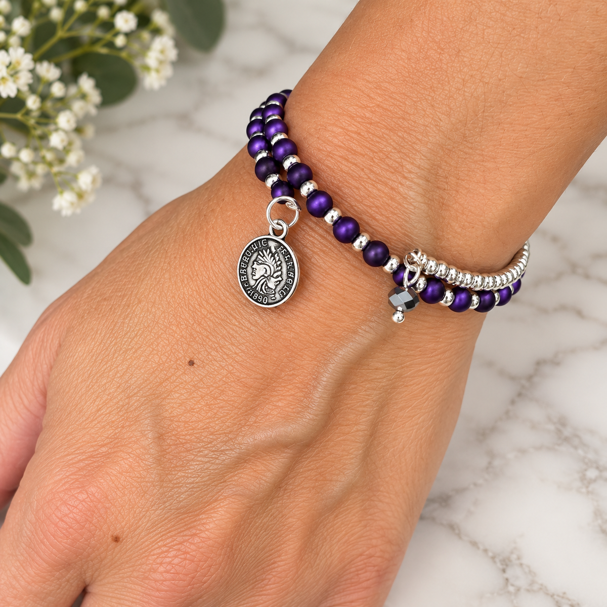 Violet Royale – Purple Beaded Memory Wire Bracelet with Vintage Coin Charm