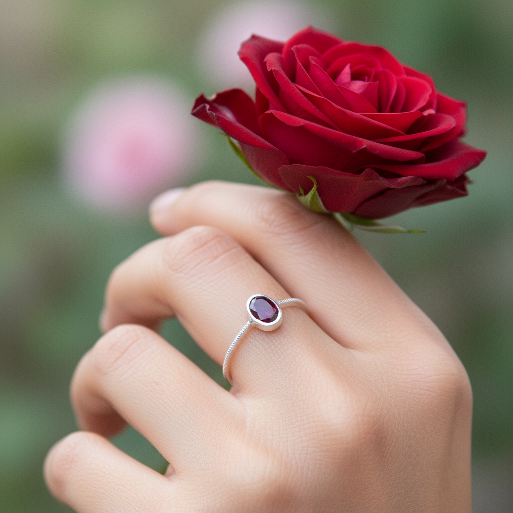 Silver ring with a red gemstone on a finger against a dark background