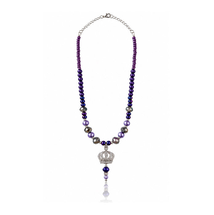 Royal Enchantment Purple Beaded Crown Pendant Necklace