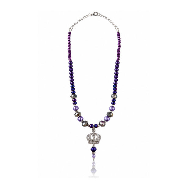 Royal Enchantment Purple Beaded Crown Pendant Necklace