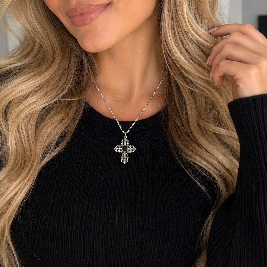Rebel Elegance Silver Tone Gothic Fleur-de-Lis Cross Necklace with Black Center Accent