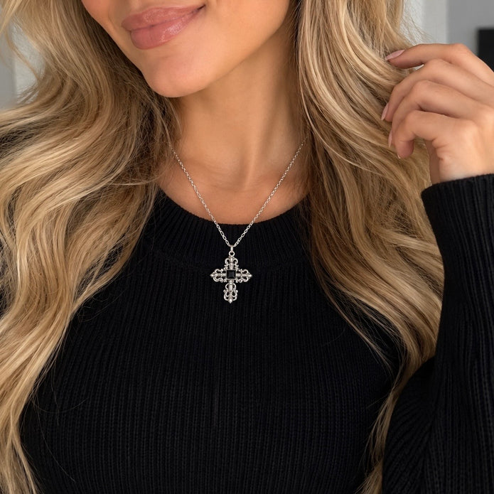 Rebel Elegance Silver Tone Gothic Fleur-de-Lis Cross Necklace with Black Center Accent