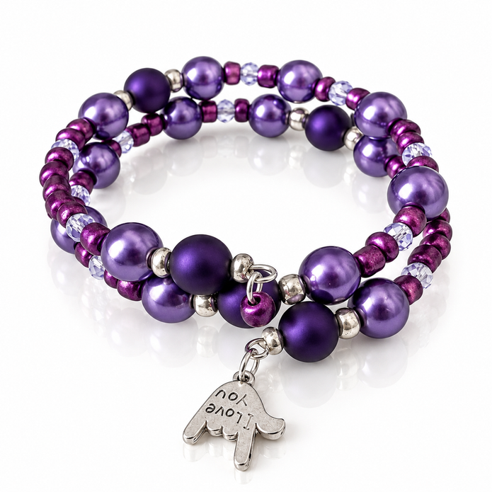 Love Language Purple Beaded Memory Wire Bracelet with I Love You Charm