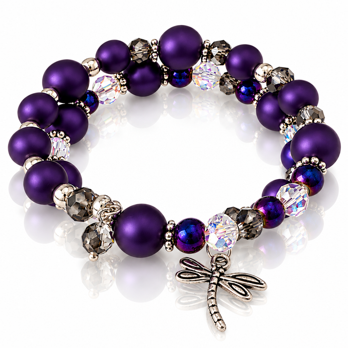 Dragonfly Dreams Purple Beaded Memory Wire Bracelet with Silver-Tone Dragonfly Charm