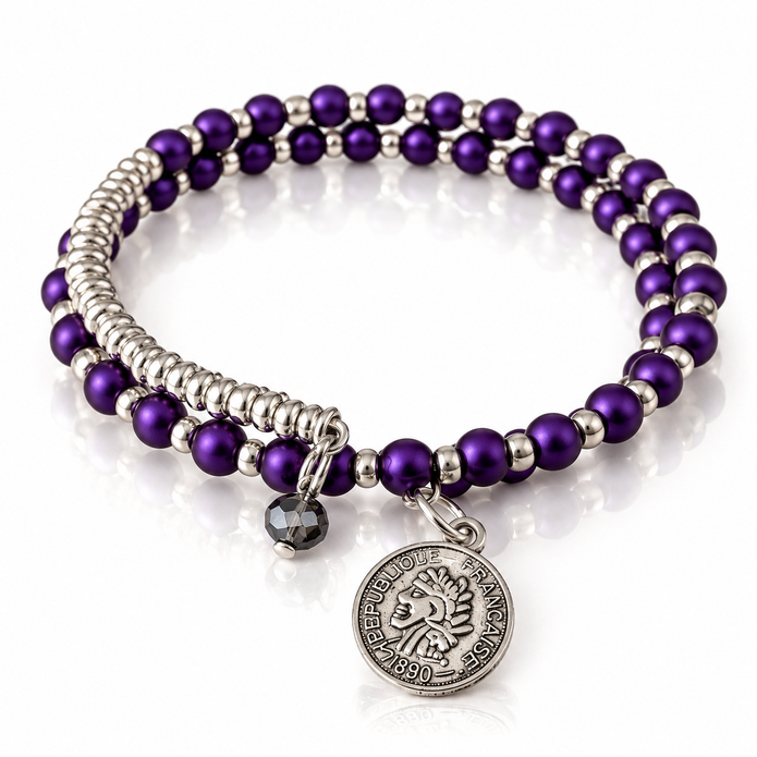 Violet Royale – Purple Beaded Memory Wire Bracelet with Vintage Coin Charm
