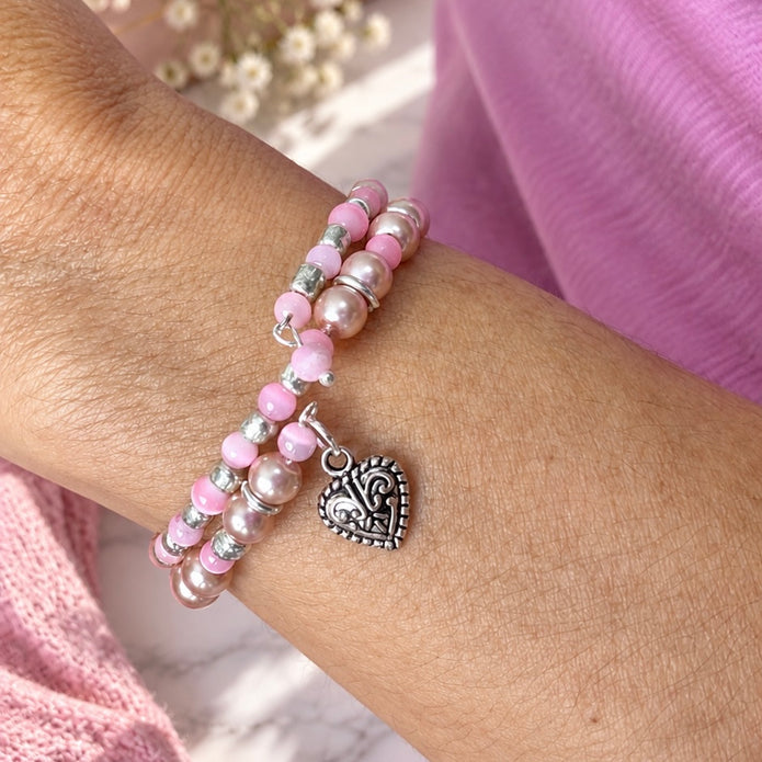 Pink Promise Heart Memory Wire Bracelet