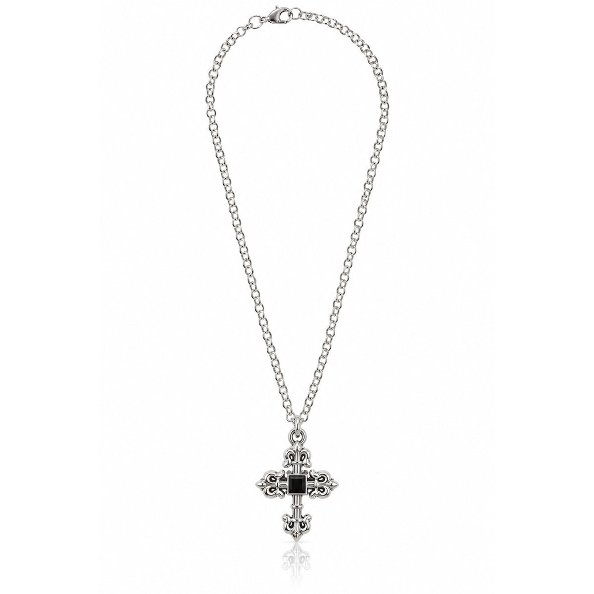 Rebel Elegance Silver Tone Gothic Fleur-de-Lis Cross Necklace with Black Center Accent