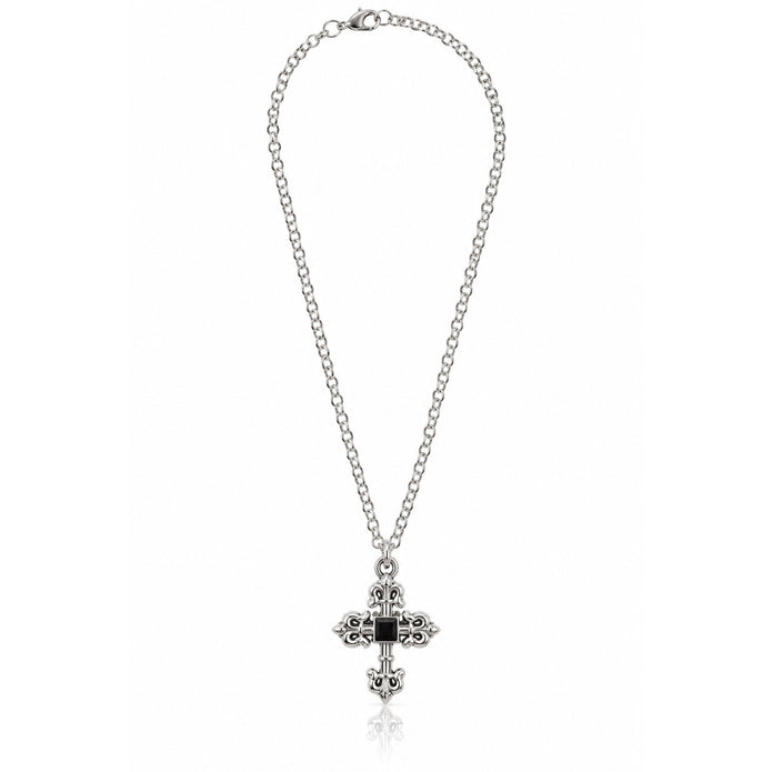 Rebel Elegance Silver Tone Gothic Fleur-de-Lis Cross Necklace with Black Center Accent