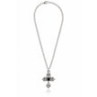 Rebel Elegance Silver Tone Gothic Fleur-de-Lis Cross Necklace with Black Center Accent