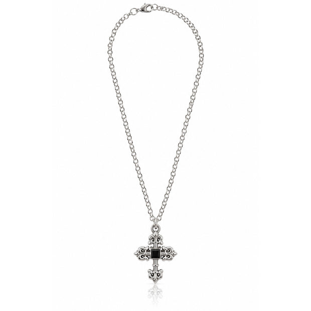 Rebel Elegance Silver Tone Gothic Fleur-de-Lis Cross Necklace with Black Center Accent