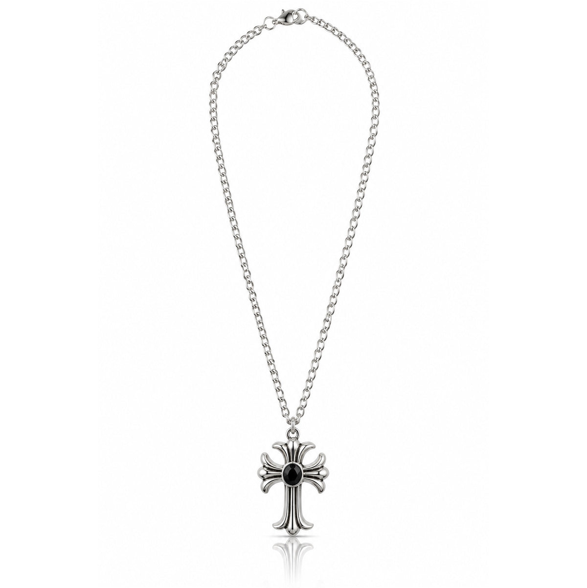 Midnight Grace Silver Tone Gothic Cross Necklace with Black Center Stone