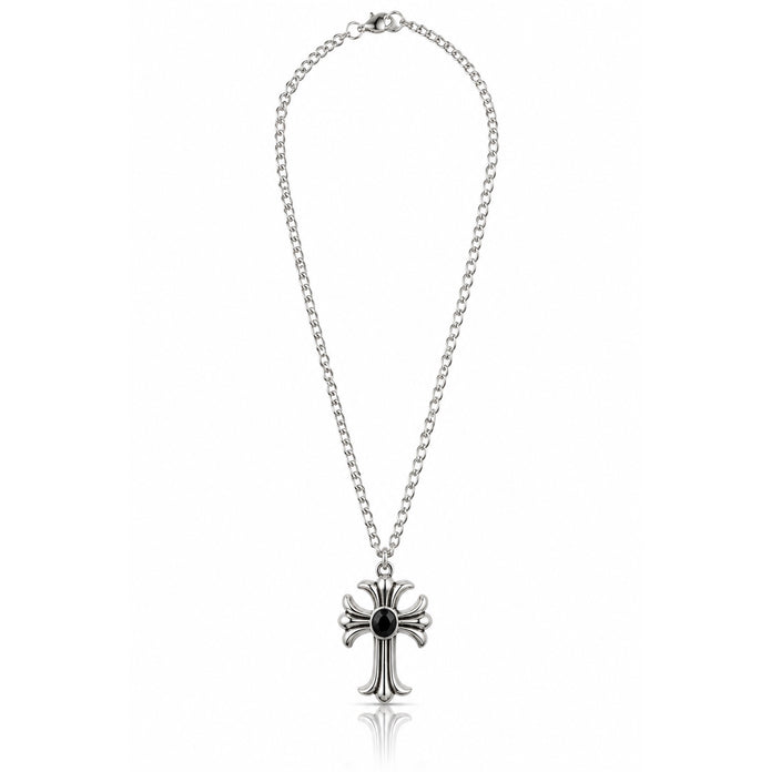 Midnight Grace Silver Tone Gothic Cross Necklace with Black Center Stone