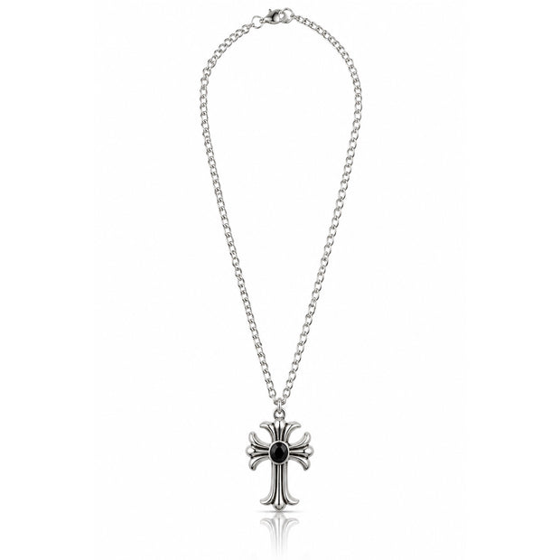 Midnight Grace Silver Tone Gothic Cross Necklace with Black Center Stone