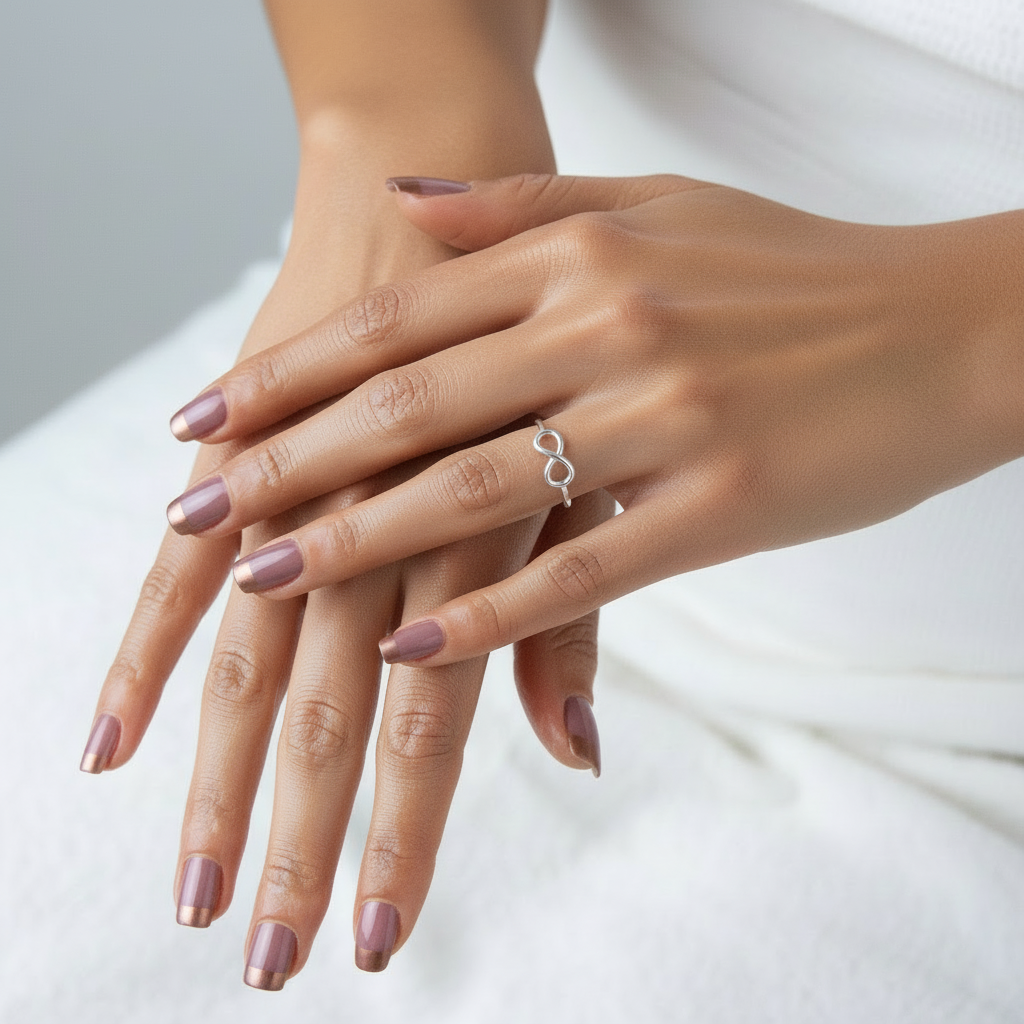 Hand wearing a silver ring on a textured white background.