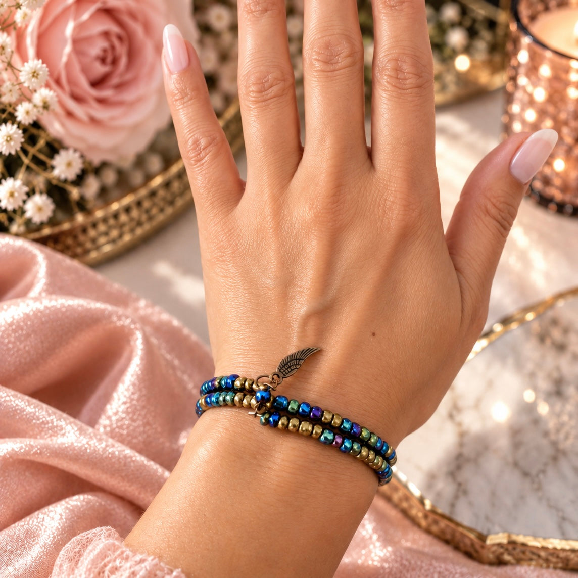 Gypsy Soul Feather Memory Wire Beaded Bracelet