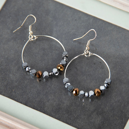 Brown Silver Beaded Earrings