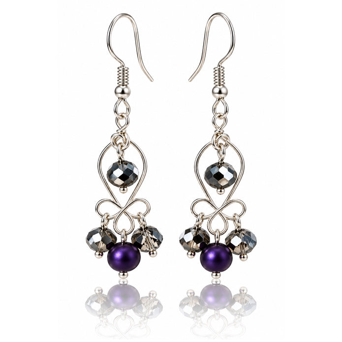 Plum Enchantment Purple Beaded Silver-Tone Dangle Earrings