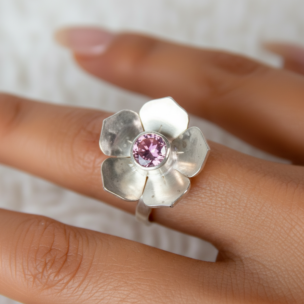 Flower Pink Zircon Ring