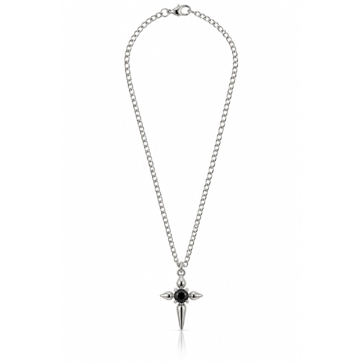 Midnight Edge Silver Plated Gothic Cross Necklace with Black Center Stone