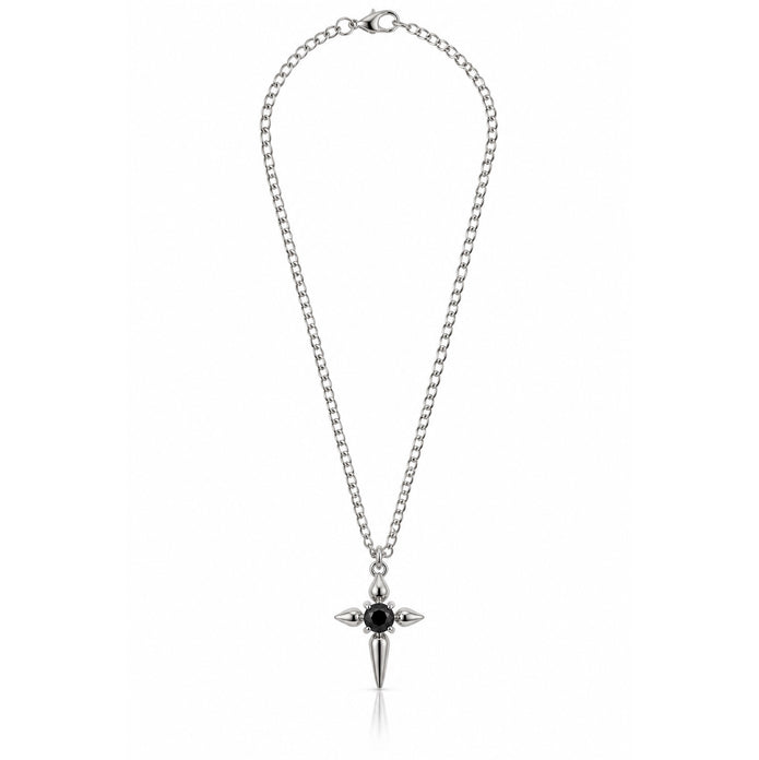 Midnight Edge Silver Plated Gothic Cross Necklace with Black Center Stone