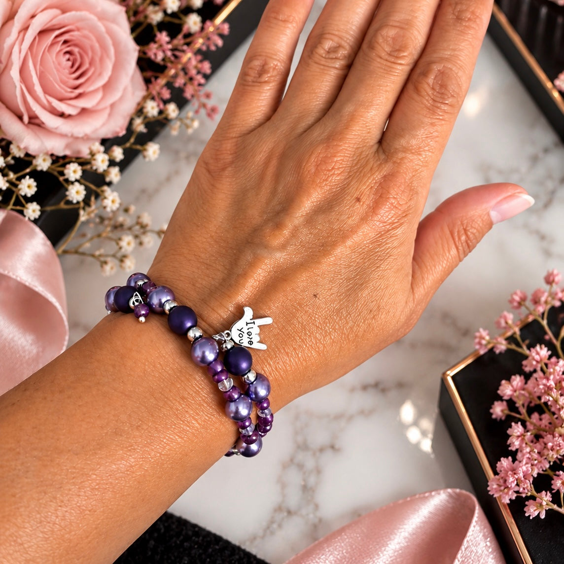 Love Language Purple Beaded Memory Wire Bracelet with I Love You Charm