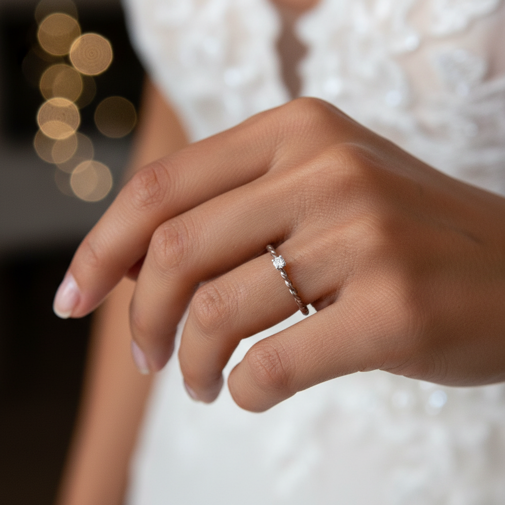 Gold ring with a diamond on a person's finger against a neutral background