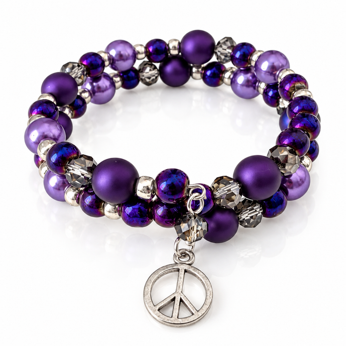 Peaceful Reign Purple Beaded Memory Wire Bracelet with Peace Sign Charm