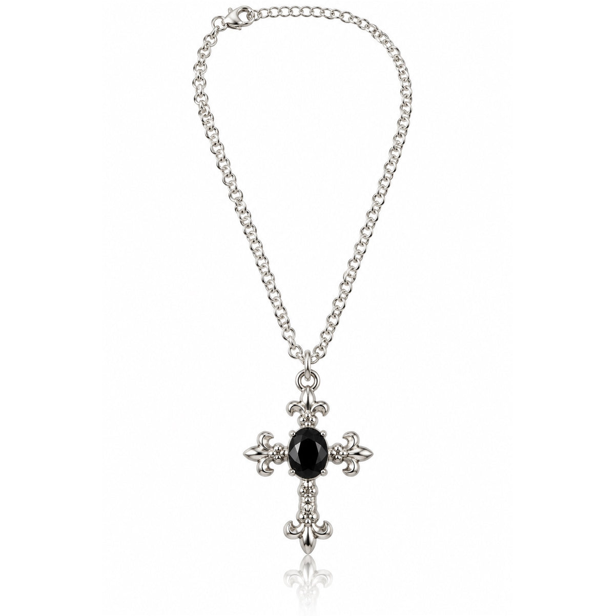Dark Romance Vintage Gothic Cross Necklace with Black Oval Stone