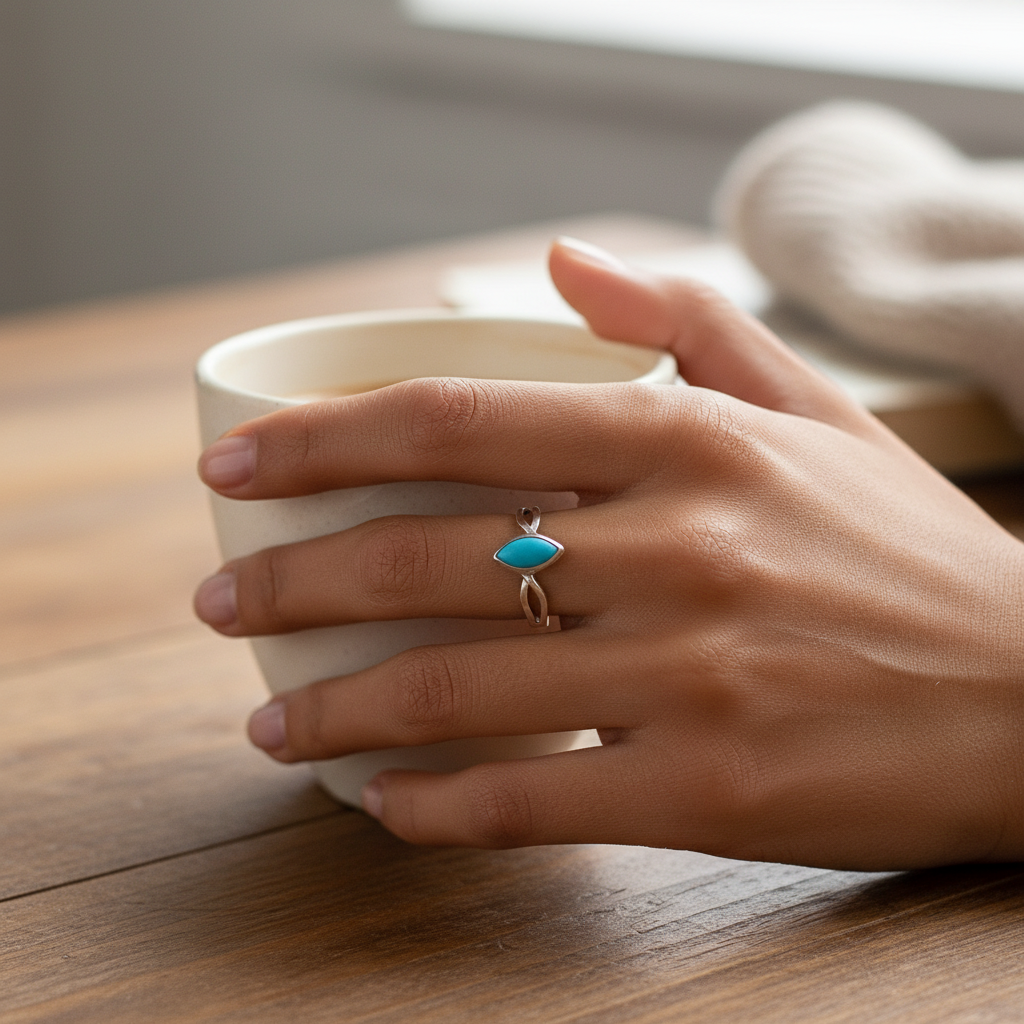 Silver ring with a blue stone on a finger against a marble background