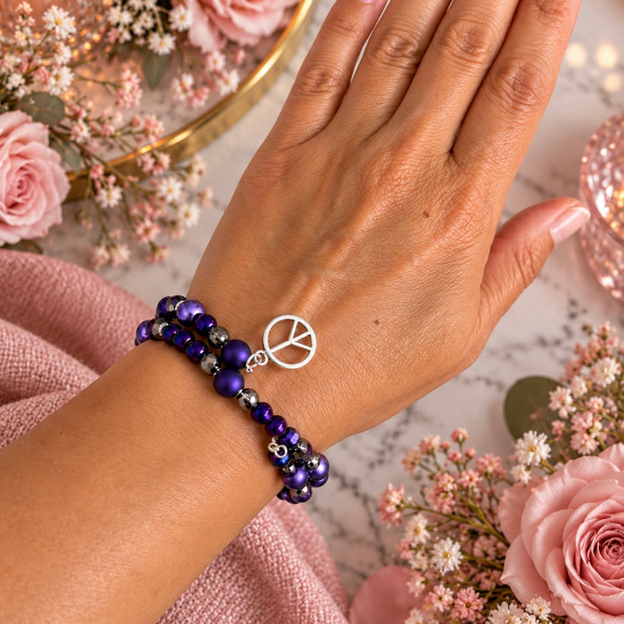 Peaceful Reign Purple Beaded Memory Wire Bracelet with Peace Sign Charm