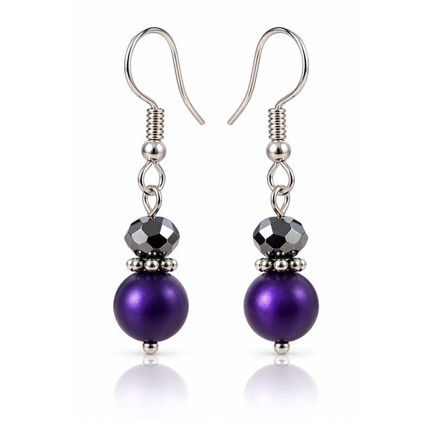 Midnight Plum Purple Faux Pearl & Smoky Crystal Dangle Earrings