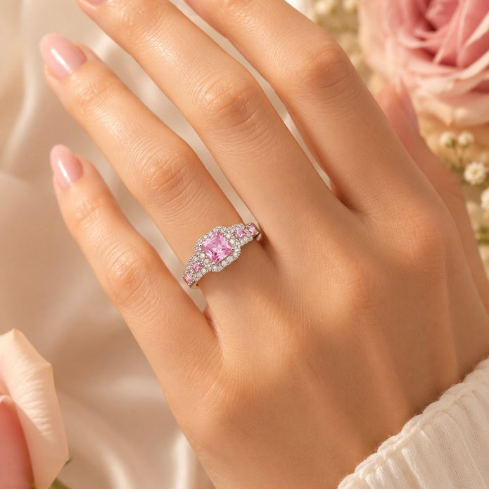 Pink Princess Cut Halo Ring