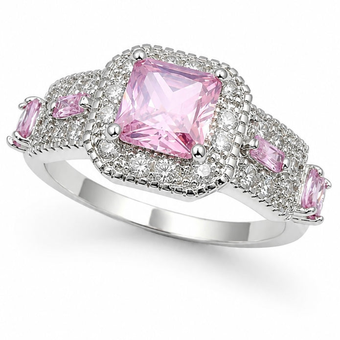 Pink Princess Cut Halo Ring