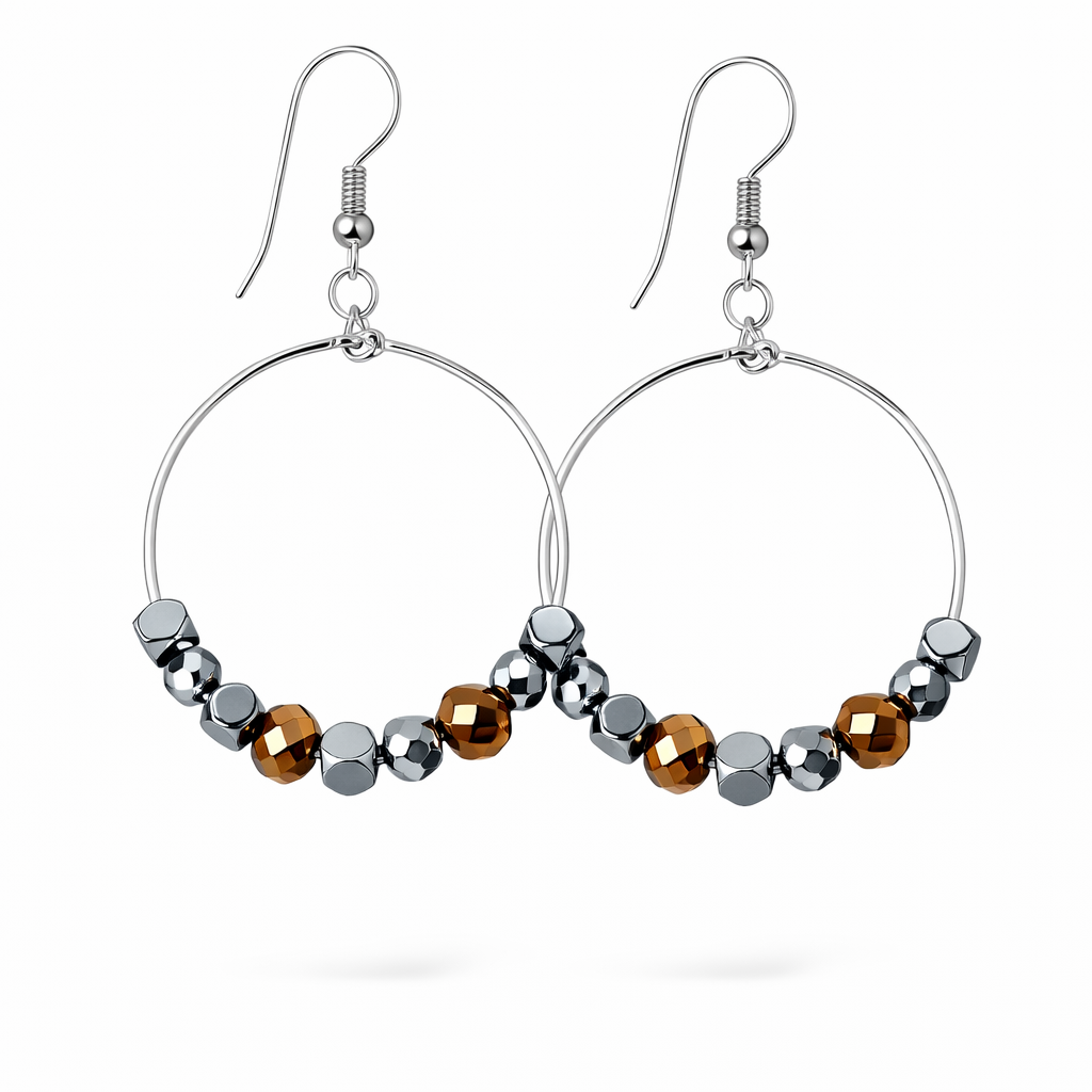 Brown Silver Beaded Earrings