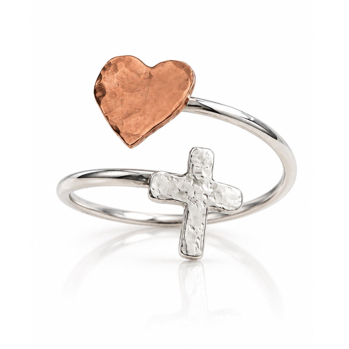 Adjustable Dainty Faith & Forever Copper Heart & Cross Sterling Silver Ring