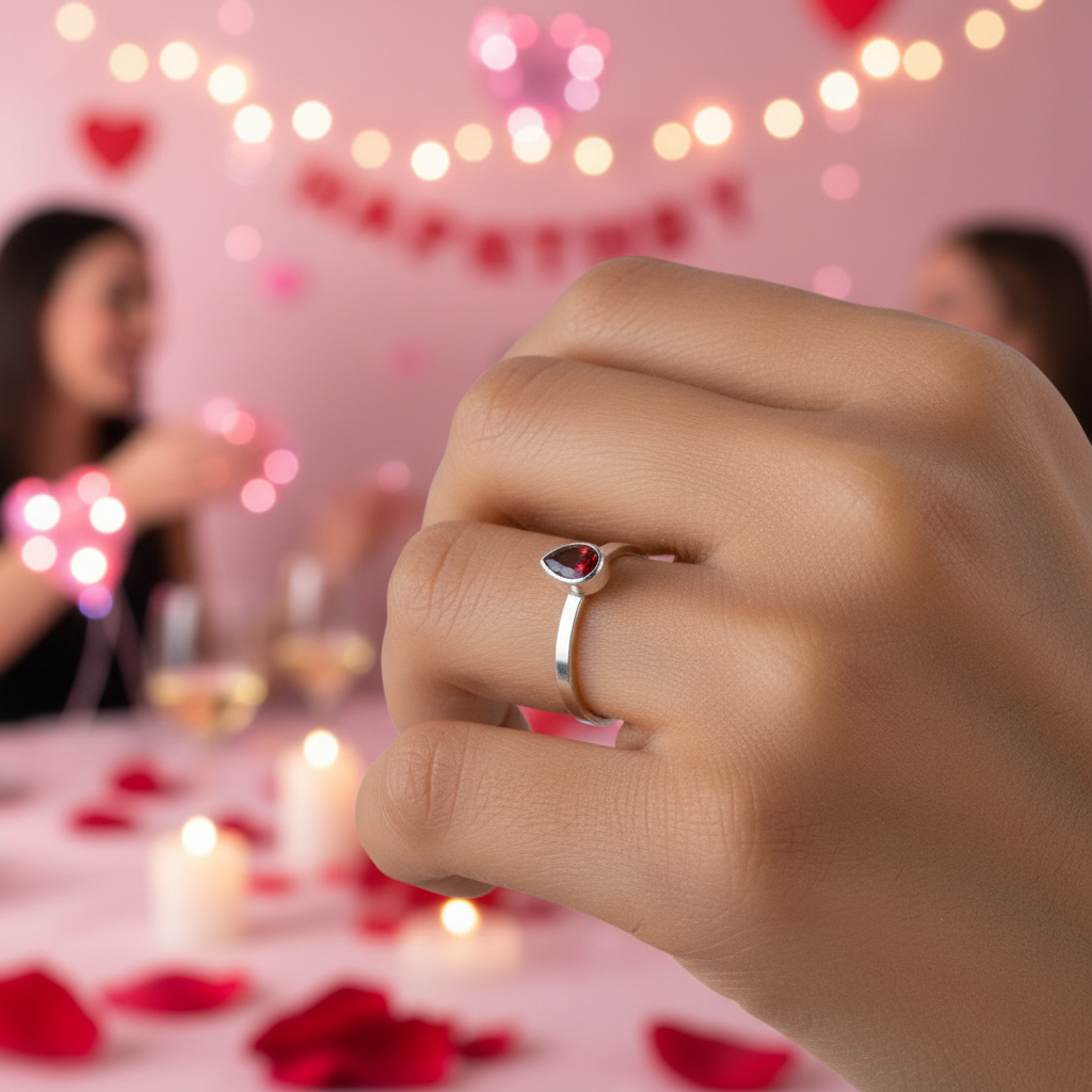 Sterling Silver ring with a garnet gemstone on a person's finger against a Valentine’s Day party background with friends. 