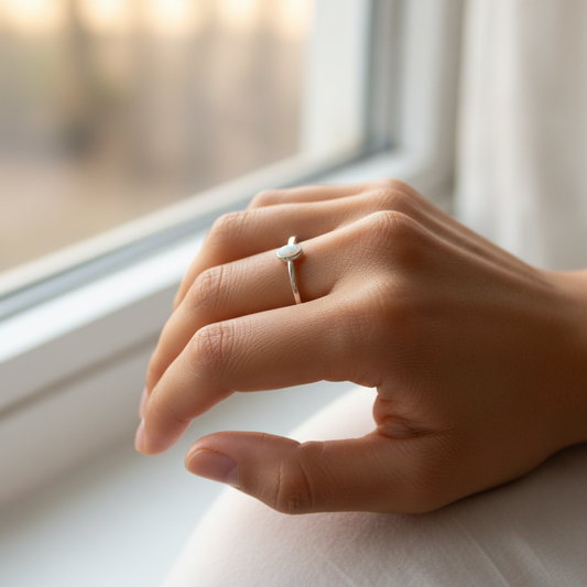 Sterling Silver ring with a genuine opal gemstone on a person's finger against a soft background. 