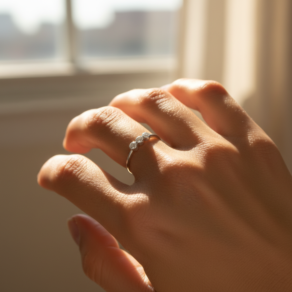 Sterling silver ring with 3 cubic zirconia stones and formed in a bezel for each stone. Skinny Thin round band. 