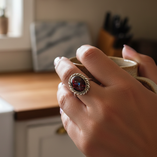 Hand holding a cup with a sterling silver decorative ring, faux opal using Mylar flakes in a kitchen setting