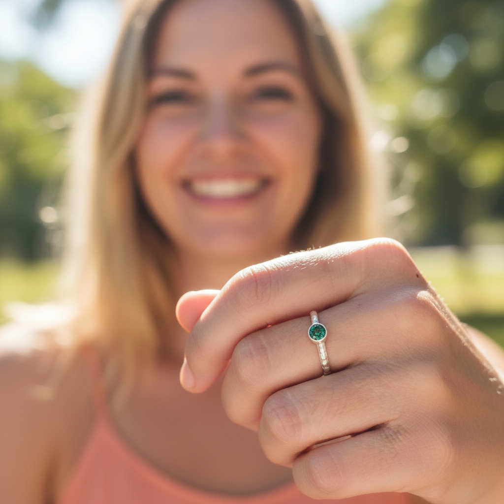 Woman smiling and showing a ring with a green gemstone outdoors.