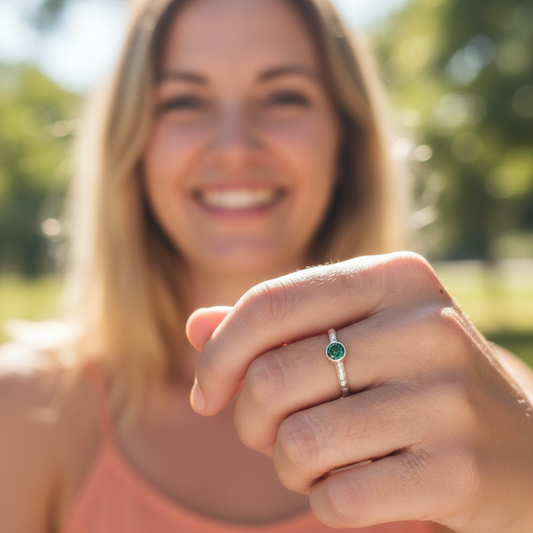 Woman smiling and showing a ring with a green gemstone outdoors.